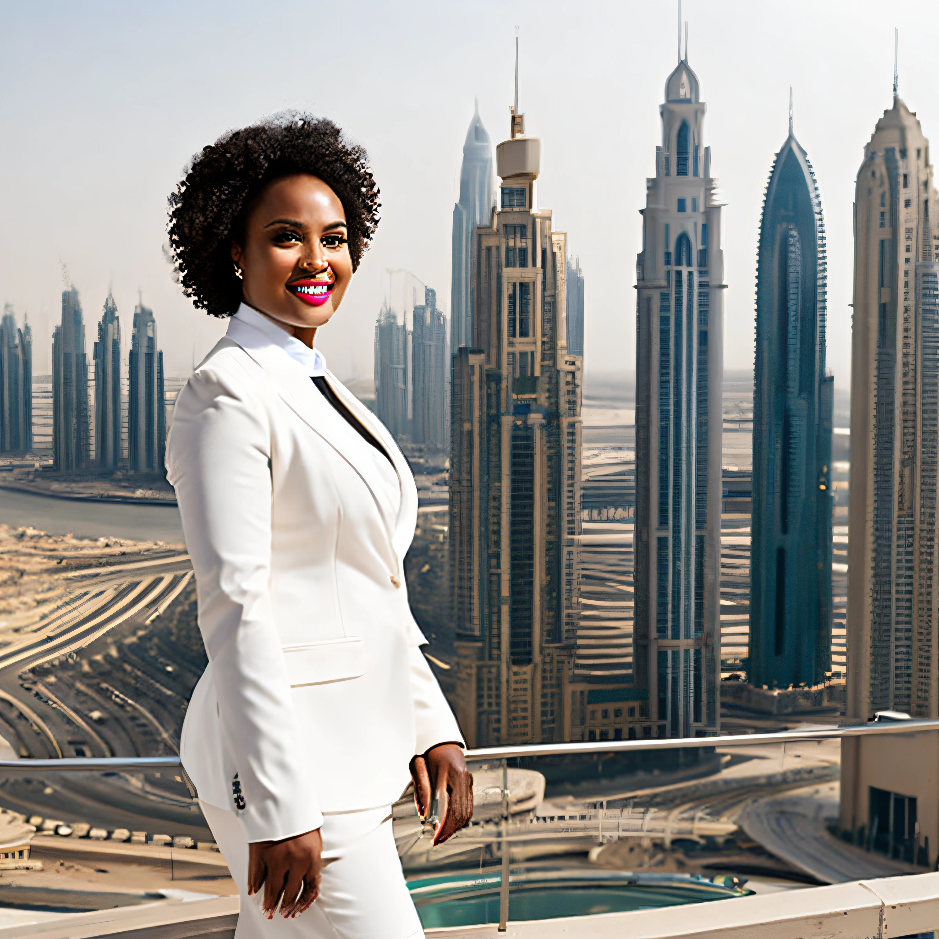 Zainab, 1girl, solo, ((Sudanese woman)), consistent face and body, ((MILF)), ((50 years old)), (mature), ((slim)), ((Sudanese face)), (Sudanese nose), (Sudanese lips), upper body and upper legs, (background: Burj Khalifa in Dubai), BREAK, (wearing stylish Generation Z modern wear and skirt)