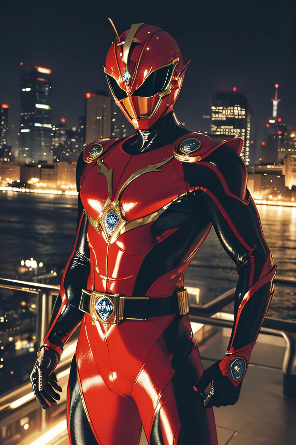 masutepiece, Super Detail, Best Quality, hight resolution, reflective light, ((Anatomically correct)), power ranger, One guy, (Very shiny helmet and suit), ((Nylon Fiber Suit)), fighting poses, ((Big city at night on wet background))