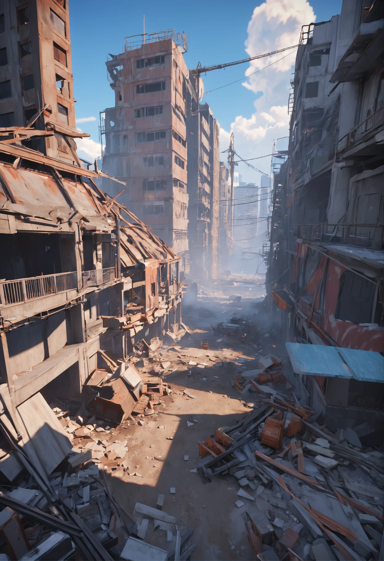 There are photos of construction sites,There are construction cranes, created in unreal engine 5, made in unreal engine 5, destroyed city in the background, Rendering in Unreal Engine 5, unreal engine 5 digital art, hyper-realistic environment, outdoors ruined cityscape, Unreal Engine 5 Renderer, Unreal Engine 5 Environment, dusty unreal engine, Destroy the cityscape