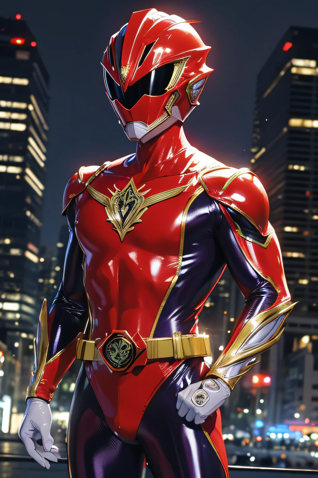 masutepiece, Super Detail, Best Quality, hight resolution, reflective light, ((Anatomically correct)), power ranger, One guy, (Very shiny helmet and suit), ((Nylon Fiber Suit)), fighting poses, ((Big city at night on wet background))