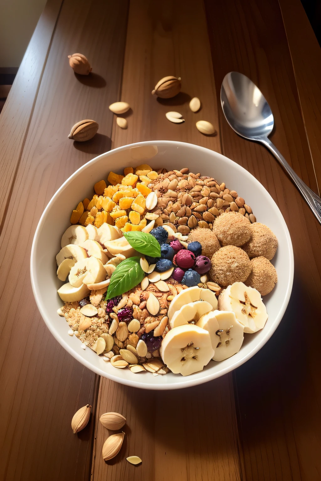 Nut cereal，Medium fat cocoa powder.Pumpkin seeds.Bees are dense.coconut oil.Monk fruit is sweet and sweet.Roasted cashews.Coconut crisps.sliced banana.Roasted almonds.Dried blueberries.Green raisins.Oat combination，White whole bowl，Have an appetite，