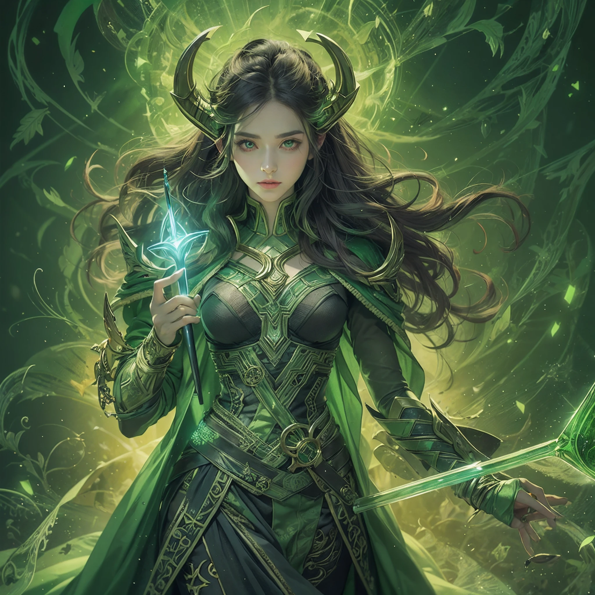 woman, age 25, anime cell shading, inspired from loki, loki costume, green magic,  green aura, green glowing eyes, holding a magical sceptre, lies, deceptive background, intense, intricate details, masterpiece, highly detailed