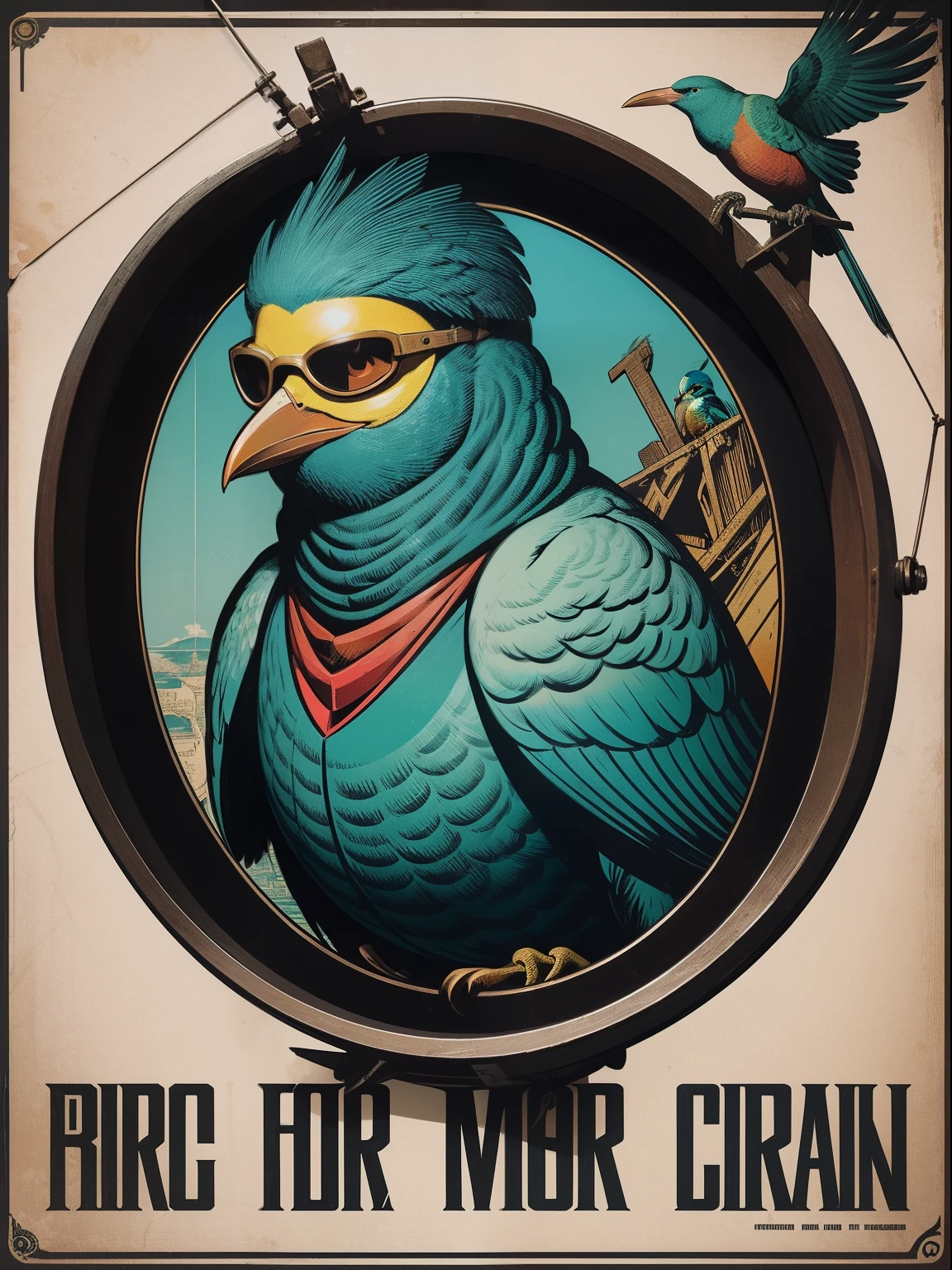 Bird-headed bird-beaked man wearing round-framed goggles croaking highly detailed propaganda poster,Watch anime,pop-art,typographic,Vintage paper,trichotomy,trends in art station,hyper HD(neonlight)