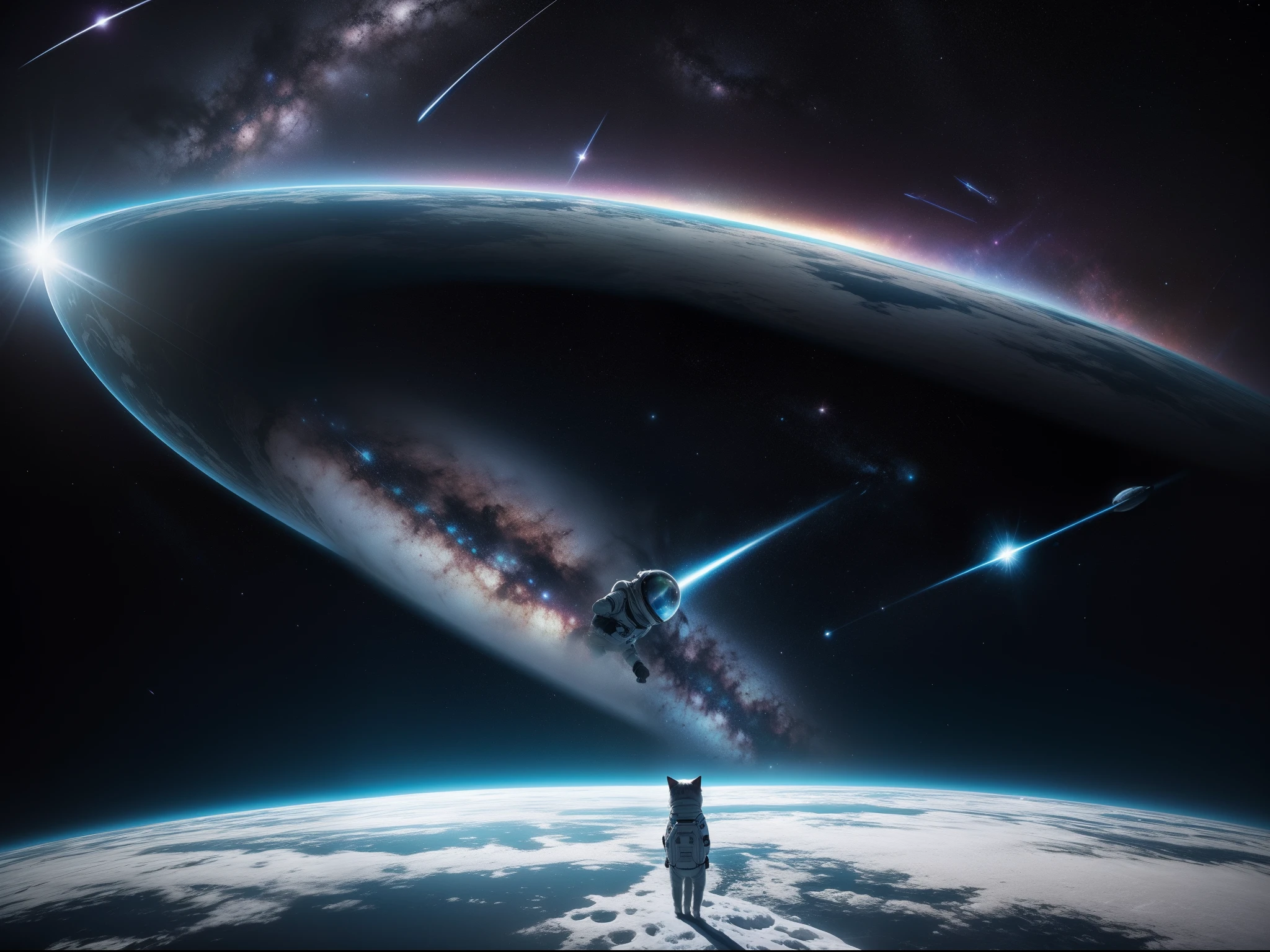 A cat in a spacesuit with a space helmet walking on a snow planet. Planetary floating in the sky, The garden of my stars, An extremely delicate and beautiful creation, espace interstellaire, distorsion temporelle, nebula, glinting stars, horizon sans fin, voyage intergalactique captivant. Captured in the style of photography by Thomas Barbèy, panorama