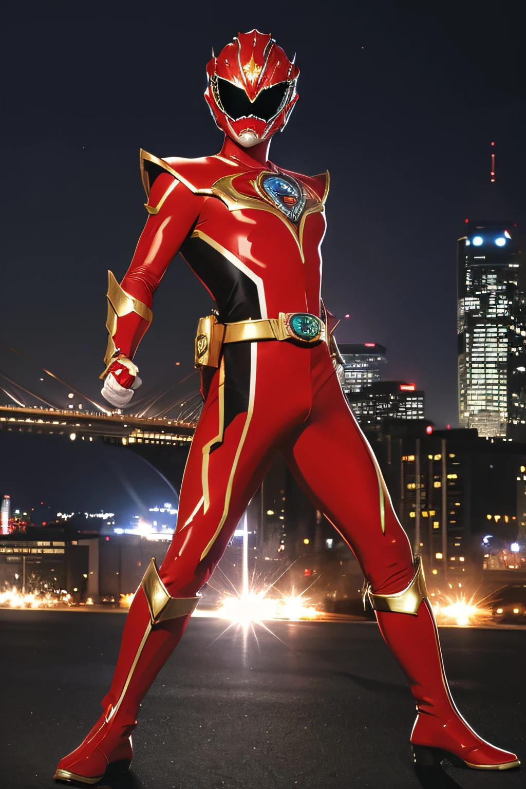 masutepiece, Super Detail, Best Quality, hight resolution, ((Anatomically correct)), power ranger, One guy, (Very shiny helmet and suit), fighting poses, ((Big city at night in the background))