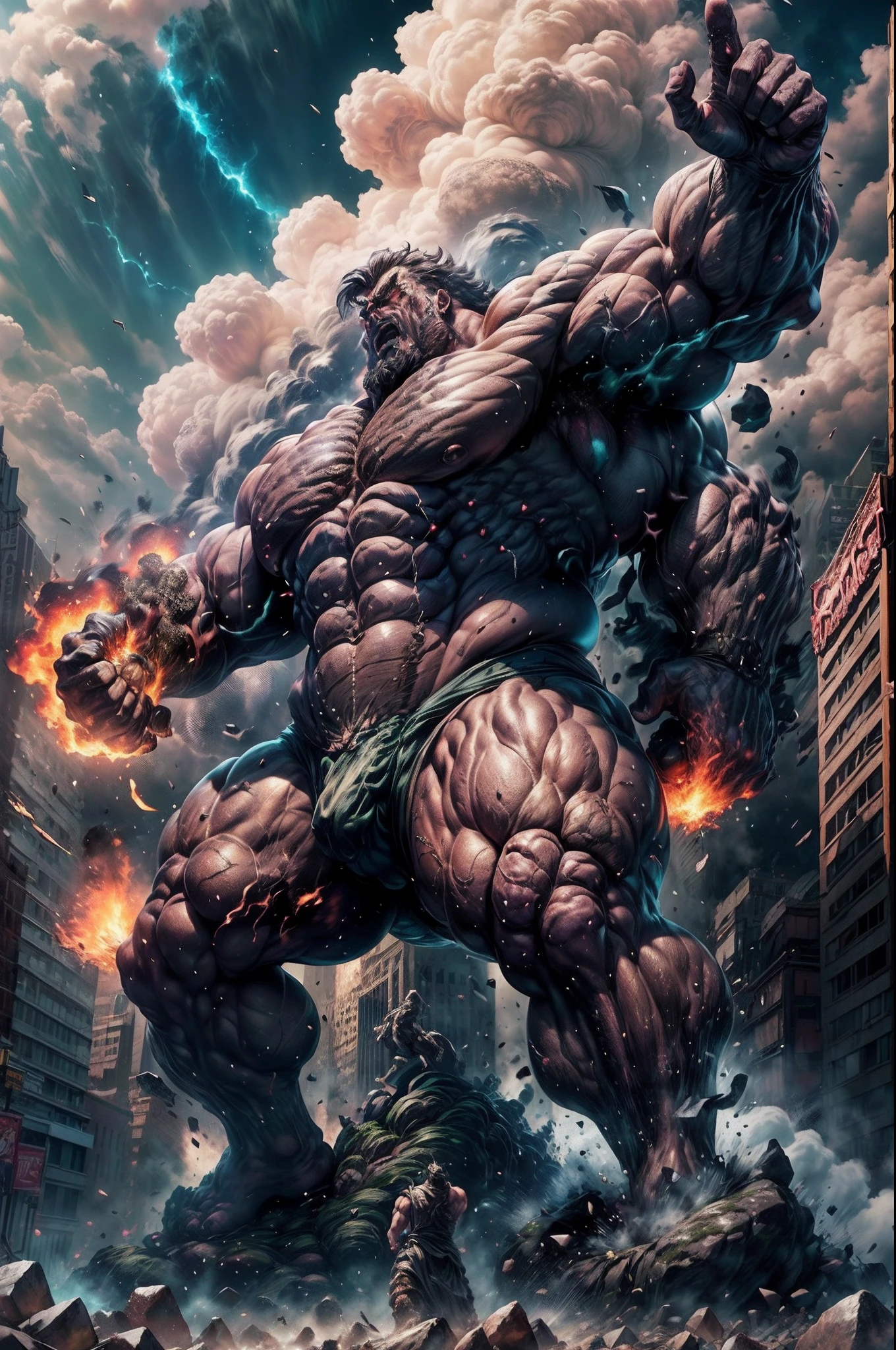 Top image quality, masutepiece, 超A high resolution,
A giant stone statue is rampaging, brandishing a club, a stone statue of a large man, muscular, wearing only underwear, angry expression, destroying buildings, stone statue color brown, made of rocks