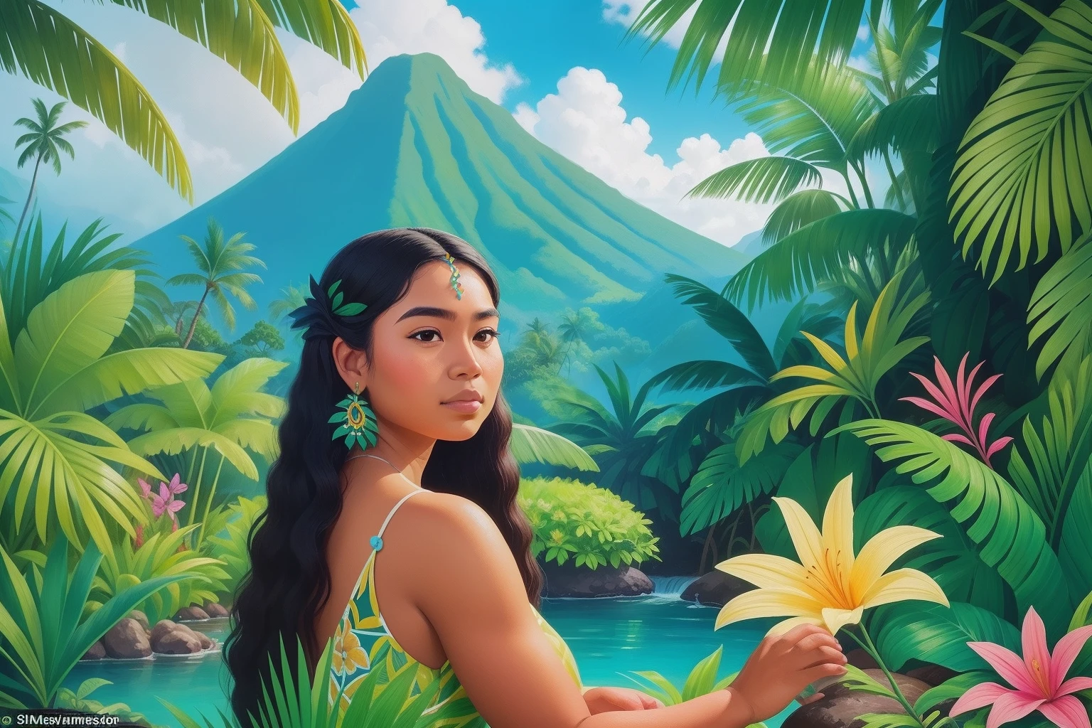 Year: 2022
Country: Samoa
Description: In a picturesque garden of a Samoan estate, an accomplished artist in her 40s carefully paints a canvas with vibrant Polynesian motifs. Surrounded by lush greenery and exotic flowers, her creative expression resonates with the tranquil beauty of her surroundings.