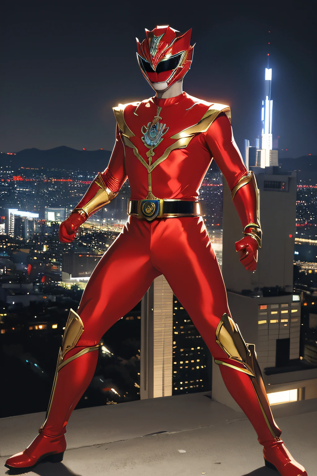 masutepiece, Super Detail, Best Quality, hight resolution, ((Anatomically correct)), power ranger, One guy, (Very shiny helmet and suit), fighting poses, ((Big city at night in the background))