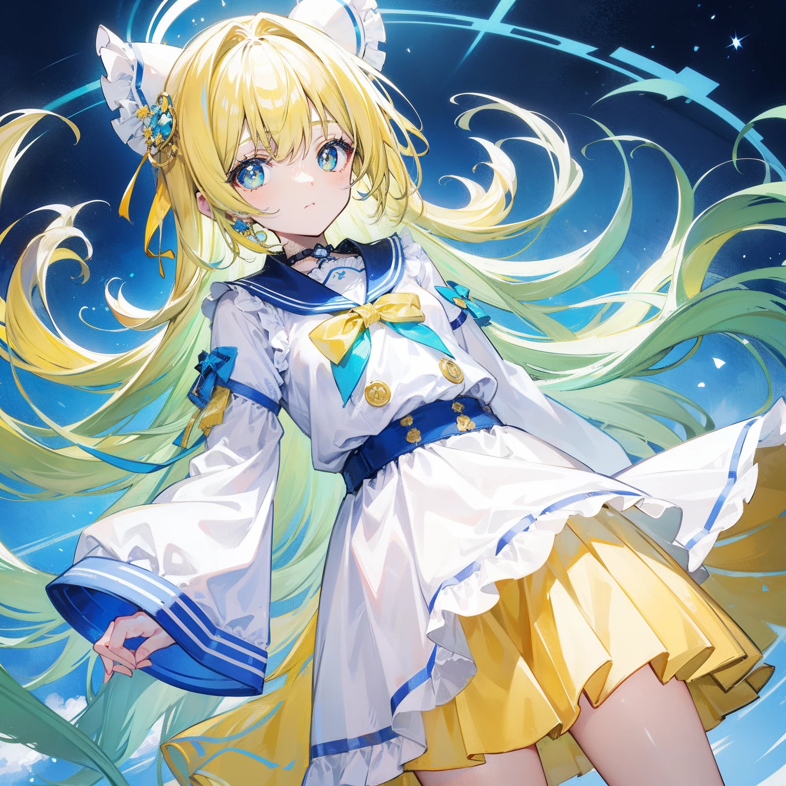 Glowing light bluish yellow with hair and pupils,Clothes in blue, yellow and white,Sweet loli girl,The whole is shining