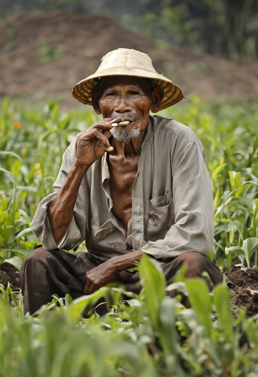 arafed man sitting in a field smoking a cigarette, smoking a cigarette in the field, Indonesian island of Java farmer, taking a smoke break, farmer, praying with tobacco, traditional art, traditional photography, rural Indonesian island of Java farmer