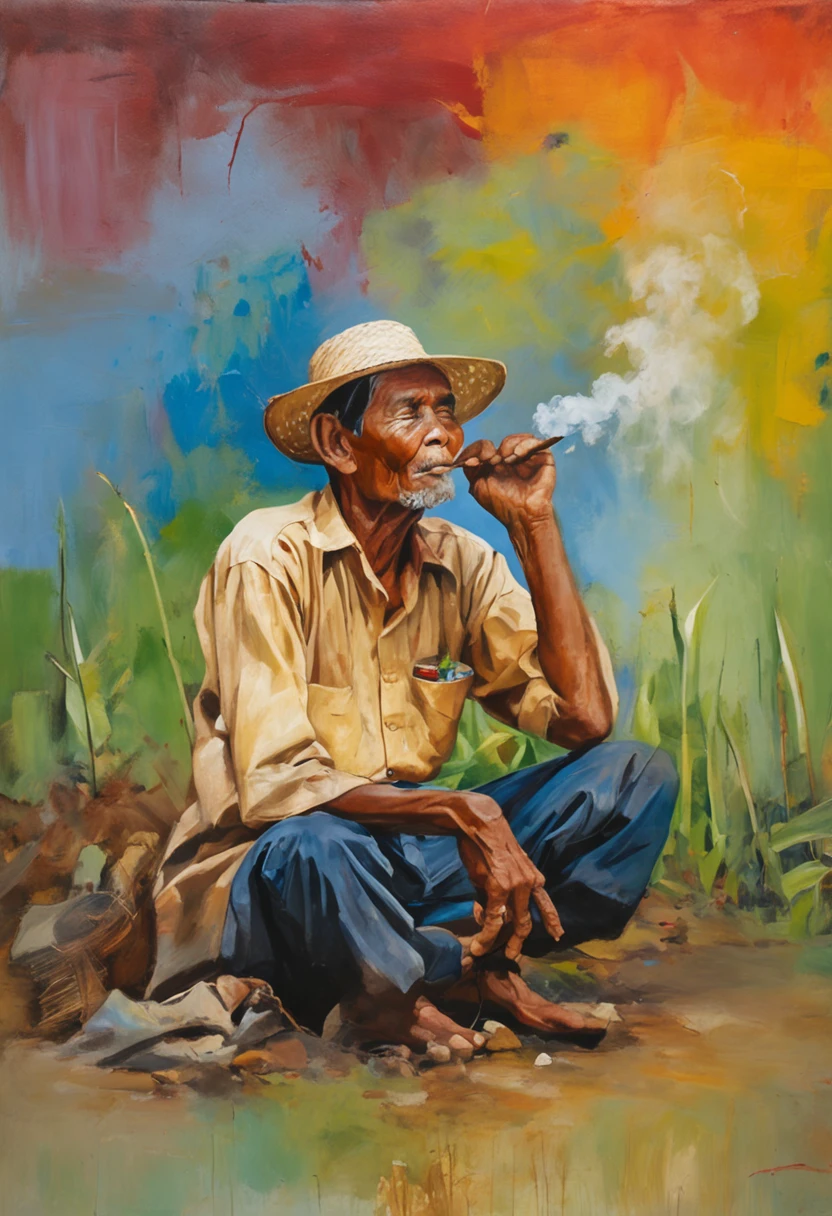 A drawing of a man smoking a cigarette with a red turban on his head., inspired By E Ketut Soki, Oil on canvas painting, By E Ketut Soki, Oil on canvas, realism painting, pray with tobacco, Oil on canvas, an Oil on canvas painting, traditional oil painting, gasping for oil, oil art, oil painting