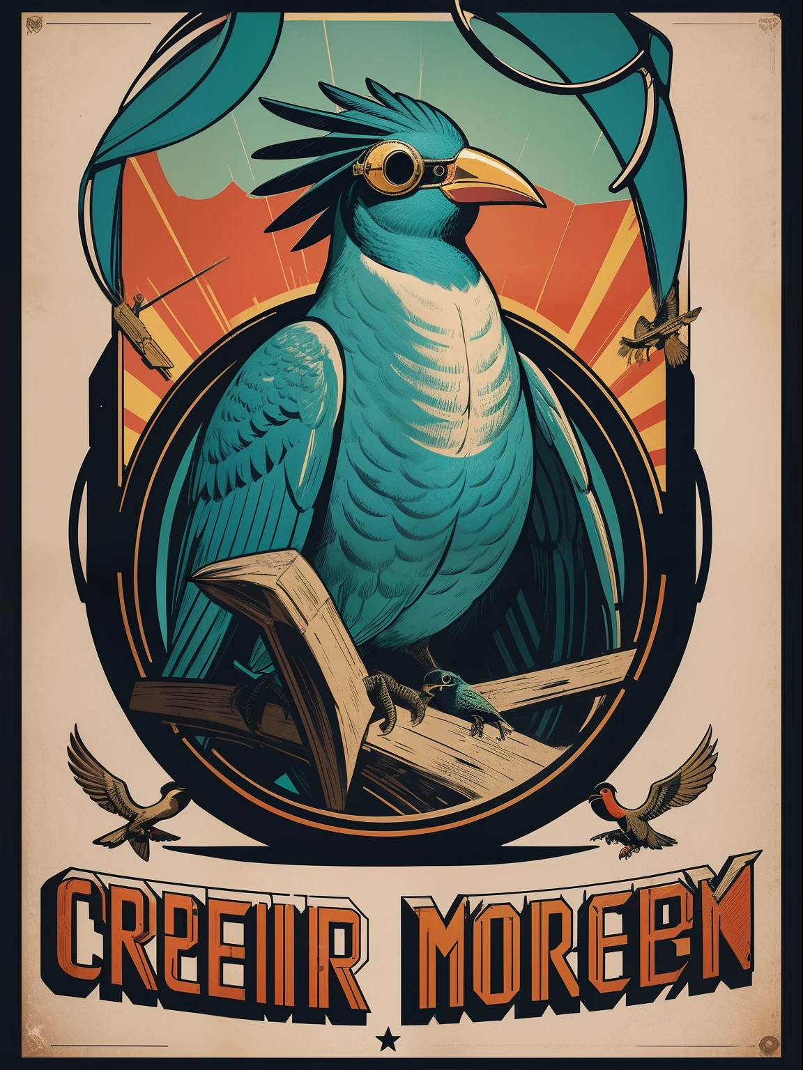Bird-headed bird-beaked man wearing round-framed goggles croaking highly detailed propaganda poster,Watch anime,pop-art,typographic,Vintage paper,trichotomy,trends in art station,hyper HD(neonlight)