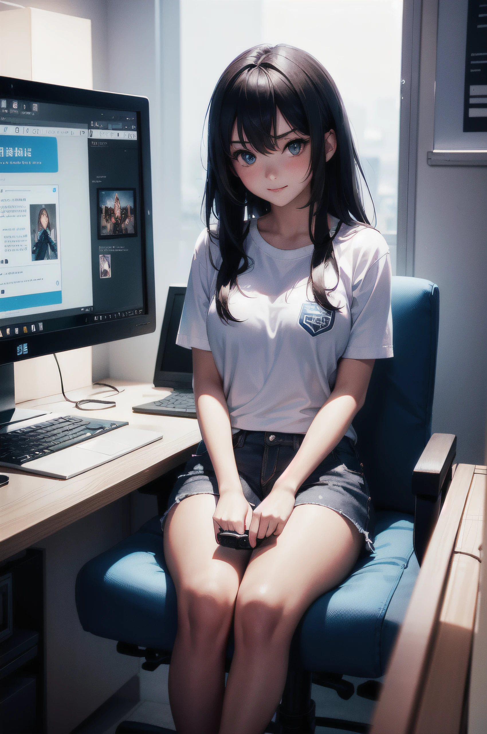 Young beautiful European girl 18 years old playing a computer game, A girl with a gamepad in her hands in front of a computer monitor, Sitting in front of the monitor, Looks into the game, Side and rear view, A monitor is visible in the frame, The game is visible on the monitor, Girl playing a game on the computer, The system unit is visible from the computer, The system unit glows with neon lights, The room has dim lighting, (dim lighting:1.25), Gamer Transformation, A girl_gamer, Detailed Face, shapely body, sitting on the couch, legs tucked in, Bright clothes for agers, Gamer's clothes, very extremely beautiful, hight resolution, Film grain, Feature photo, The girl seems cheerful, Photorealistic image against the background of a teen's room, tmasterpiece, The work of the wizard, very extremely beautiful, (Camera position from above:1.3, Side position of the camera:1.2)
