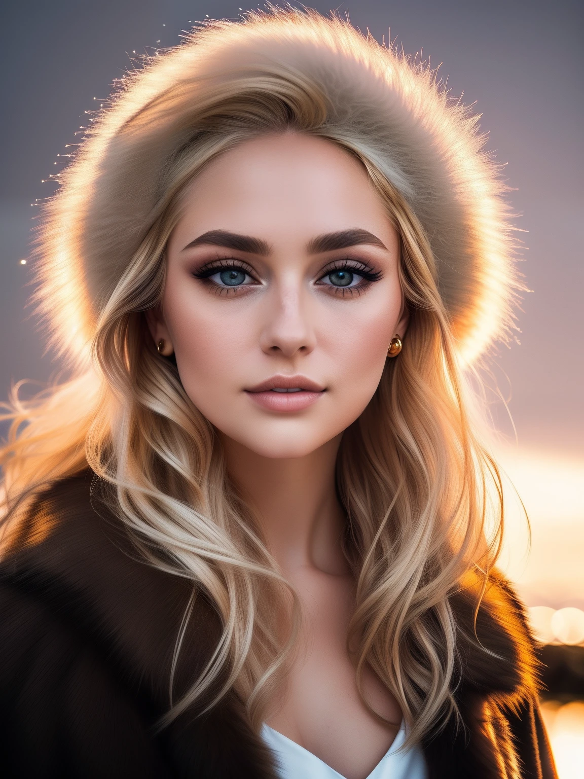 arafed woman with a fur hat and a white dress, gorgeous face portrait, blonde hair and large eyes, golden hour look, stunning portrait, full face epic portrait, backlit beautiful face, gorgeous portrait, sexy face with full makeup, long blonde hair and large eyes, jaw dropping beauty, warm glow from the lights, perfectly lit face, beautiful portrait lighting