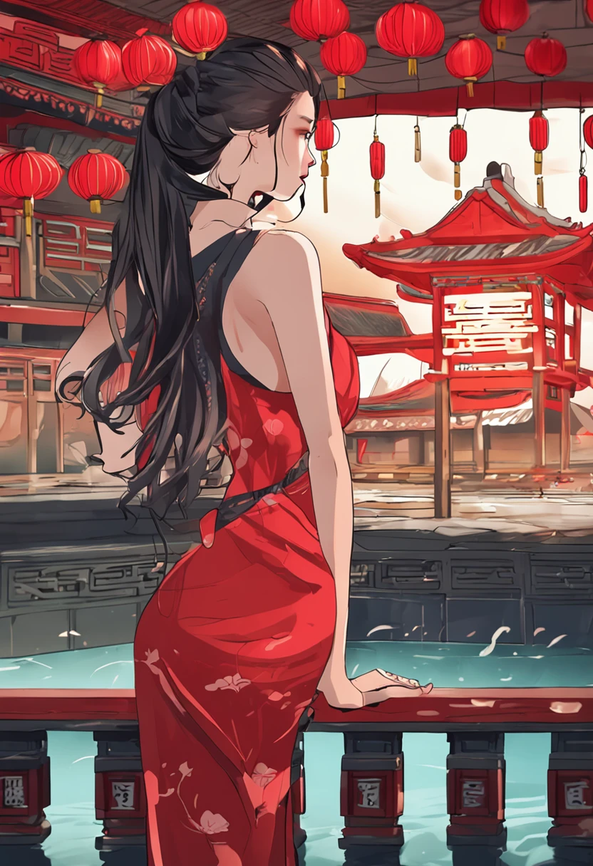 oriental girl,Lewdness,Red cheongsam swimsuit,Long flowing hair,clothes wet