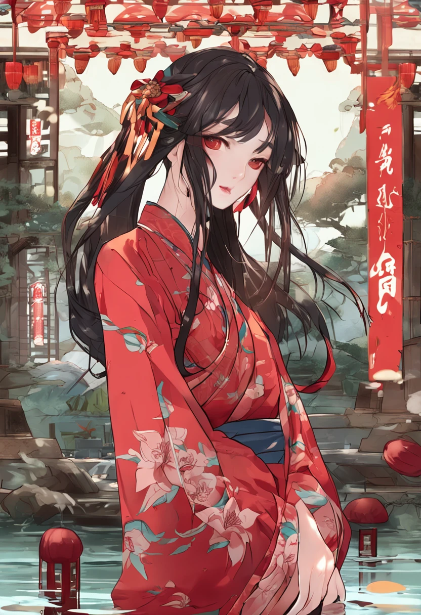 oriental girl,Lewdness,Red cheongsam swimsuit,Long flowing hair,clothes wet