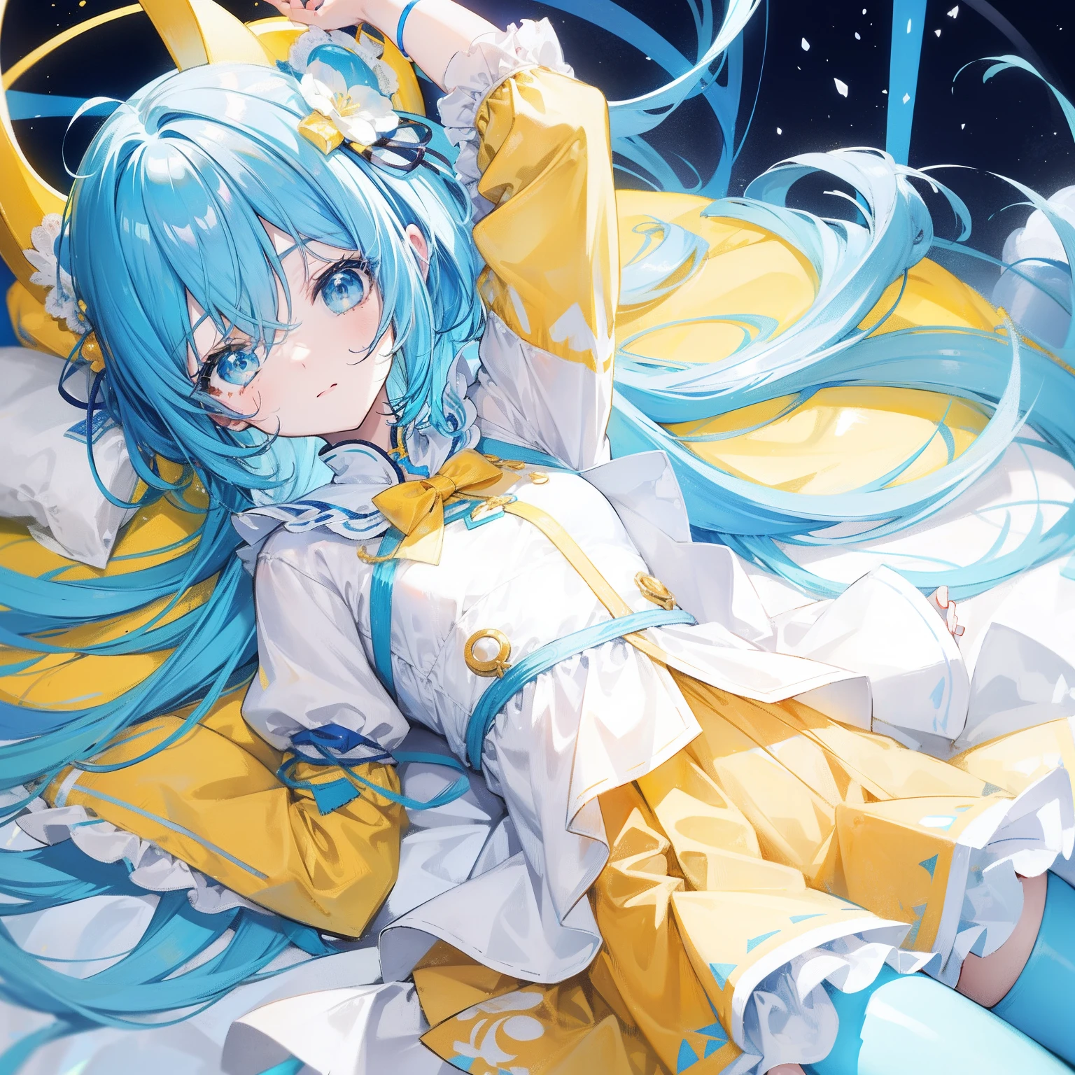 Glowing light cyan yellow with hair and pupils,Clothes in blue, yellow and white,Sweet girl,The whole is shining