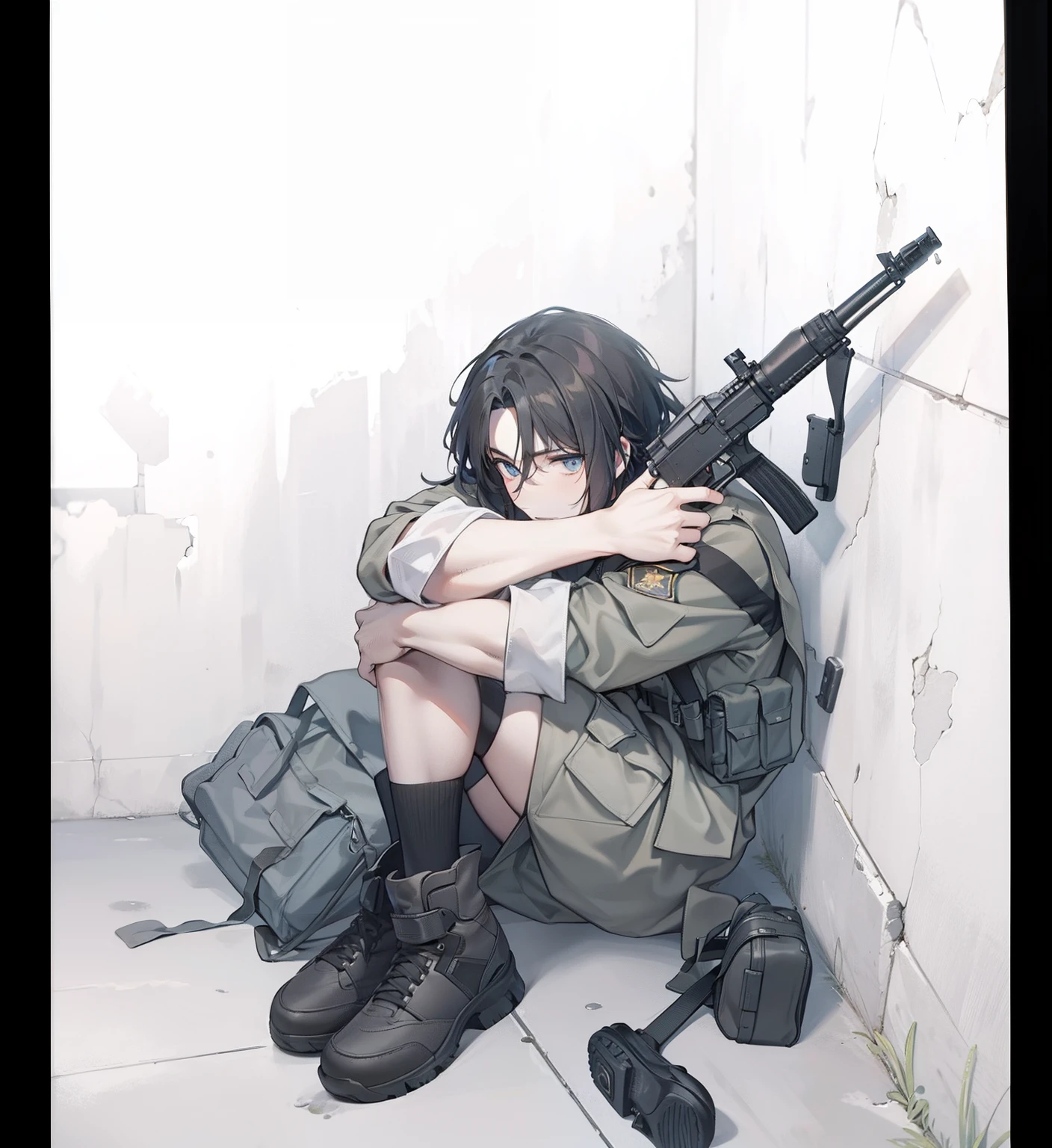 1man, wearing a military outfit, sitting on the corner of wall, holding a ak47