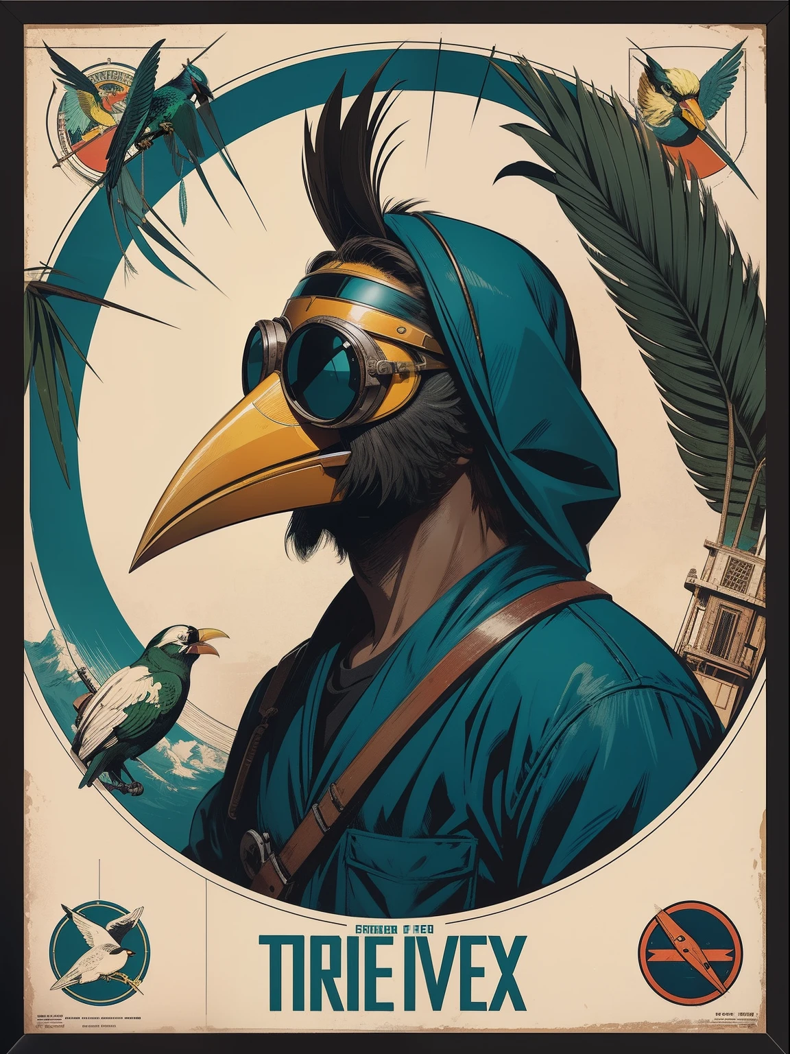 Bird-headed male pilot with bird-headed beak in round-framed goggles croaks highly detailed propaganda posters,Watch anime,pop-art,typographic,Vintage paper,trichotomy,trends in art station,hyper HD(neonlight)