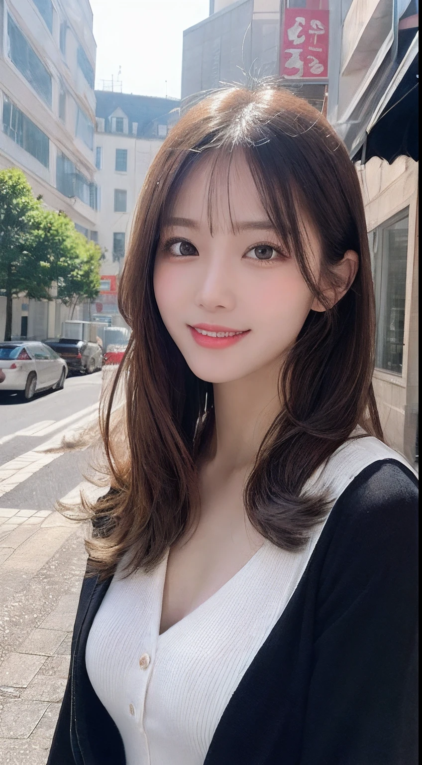 masutepiece, Best quality, illustration, Ultra-detailed, finedetail, A high resolution, 8K wallpaper, Perfect dynamic composition, Beautiful detailed eyes, doress,Medium hair, Mid-chest, Natural color lips, Random and sexy pose,Smile,Castle Peak Street sidewalk、20 years girl