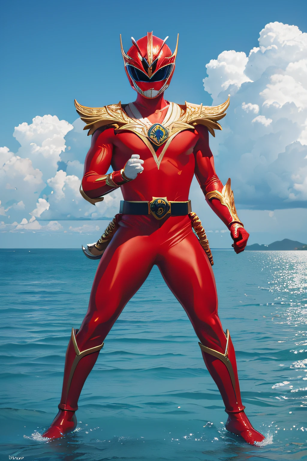 masutepiece, Super Detail, Best Quality, hight resolution, ((Anatomically correct)), power ranger, One guy, (Very shiny helmet and suit), fighting poses, ((ocean in background))