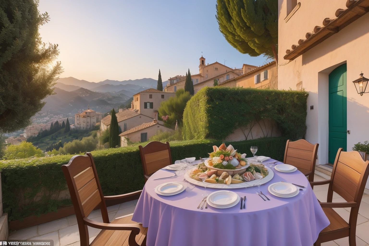 Year: 2021
Country: San Marino
Description: In the heart of San Marino's historic center, a family gathers in their charming pastel-colored villa. Against the backdrop of medieval architecture, they enjoy a traditional Sammarinese feast outdoors, adorned with local delicacies and wine, celebrating a special occasion.
