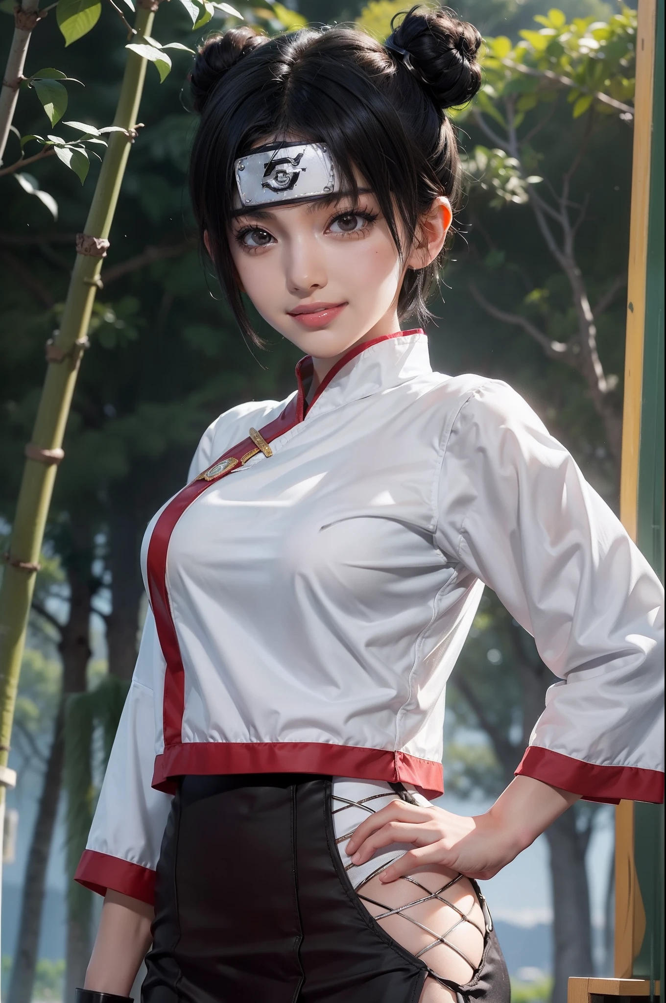 1girl, tenten in anime naruto, short hair, black hair, black eyes, smile, beautiful, sexy dress, sexy clothes, white clothes, very big breast, realistic clothes, detail clothes, outdoor background, ultra detail, realistic