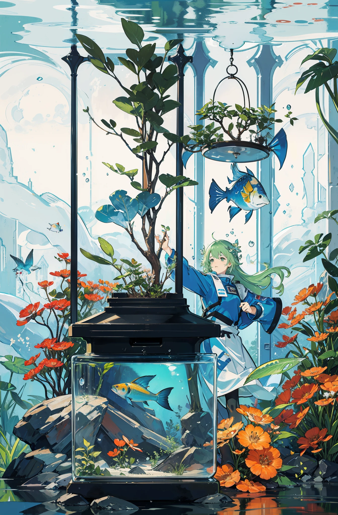bit girl, Green hair,The fish, high detal, warm, 电影光感, Feeding, Shy, adolable, mini sence, Small fish, Transparent fish tank, Cuboid fish tank, A plant, Big fish tank, Botanical garden background, The fish tank has a length-to-height ratio of 4:3, flora, Water surface depiction, afloat, Girl floating in the middle, Blue clothes, semi transparent。
