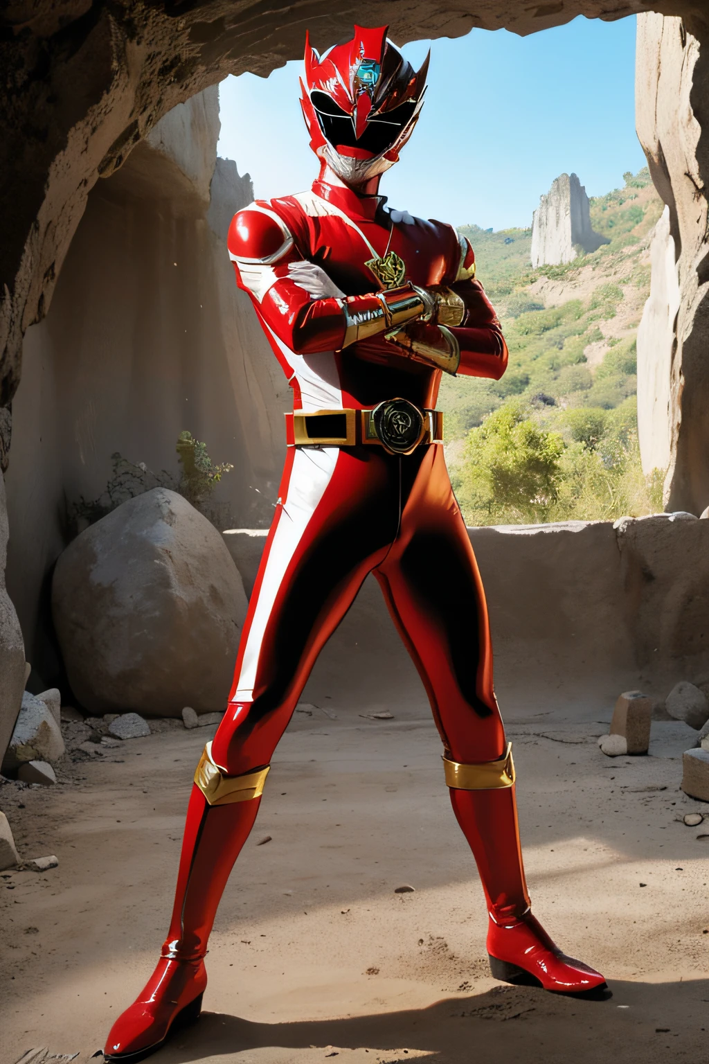 masutepiece, Super Detail, Best Quality, hight resolution, ((Anatomically correct)), power ranger, One guy, (Very shiny helmet and suit), fighting poses, ((Interior of limestone cave in the background))