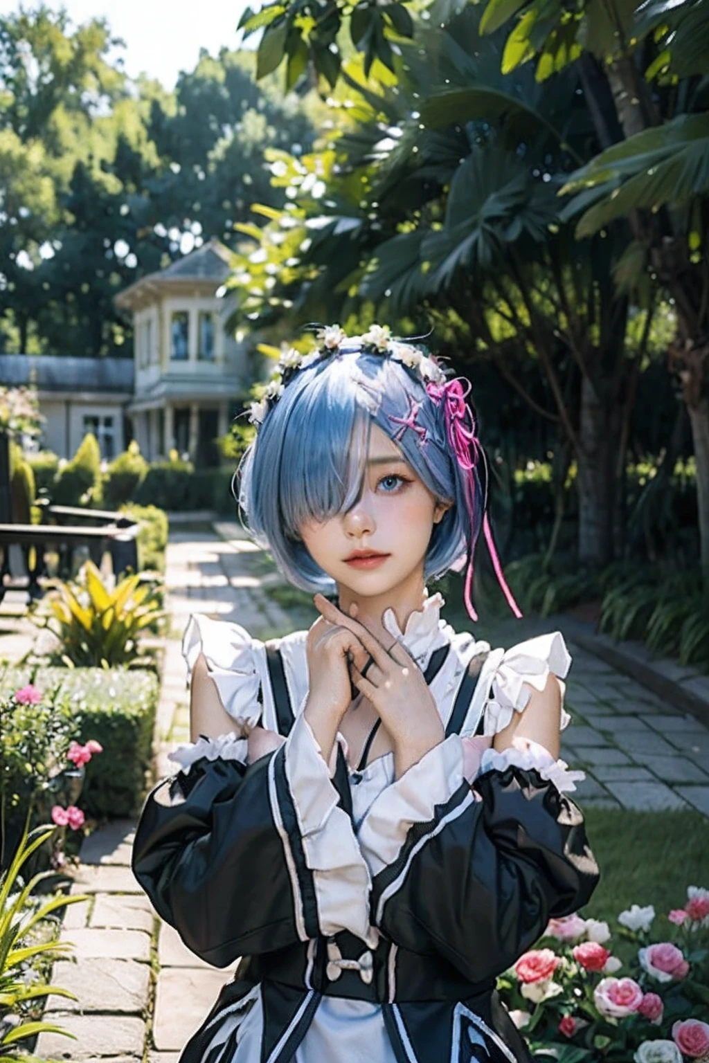 r_E_M、1girl in、(beauitful face:1.25)short blue hair、blue eyess、Hair above one eye、hair adornments、Pink Hair Ribbon、rem's maid uniform、Detached sleeves、The upper part of the body、is standing、The upper part of the body, plein air, mansion, 夏天, garden, florals, The tree, Grassy, Soto, sunlights,