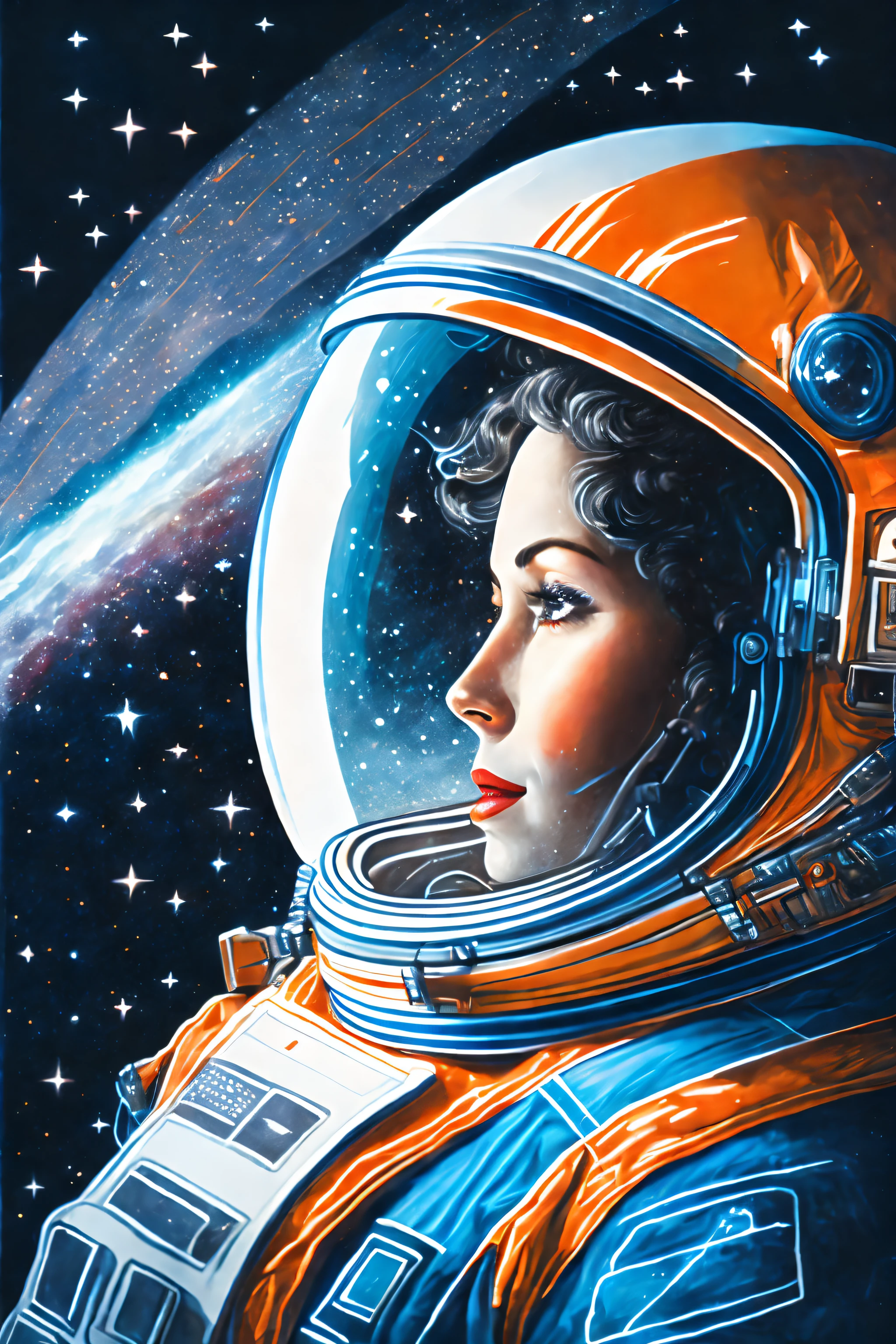 An illustration of a female astronaut who has reached the farthest reaches of space. background The illustration shows outer space. Outer space is pitch black and the stars are shining. An astronaut looks out the window of a spaceship at the edge of space. astronaut The astronaut is a woman. She is wearing a space suit and a helmet. Her spacesuit is two-tone white and blue with red stripes. Inside her helmet, a woman's face can be seen, her expression full of surprise and emotion. Pause An astronaut puts his hand on the window of a spaceship and stares out into space. She has a look of admiration and awe towards the unknown, as if she were the first human to reach the end of the universe. others In the background of the illustration, celestial bodies such as a huge black hole and nebula are drawn, indicating the end of outer space. Draw celestial bodies such as stars and planets in outer space. The image of an astronaut is reflected in the window of a spaceship.