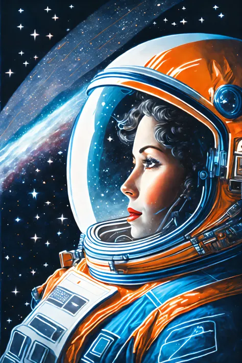 an illustration of a female astronaut who has reached the farthest reaches of space. background the illustration shows outer spa...