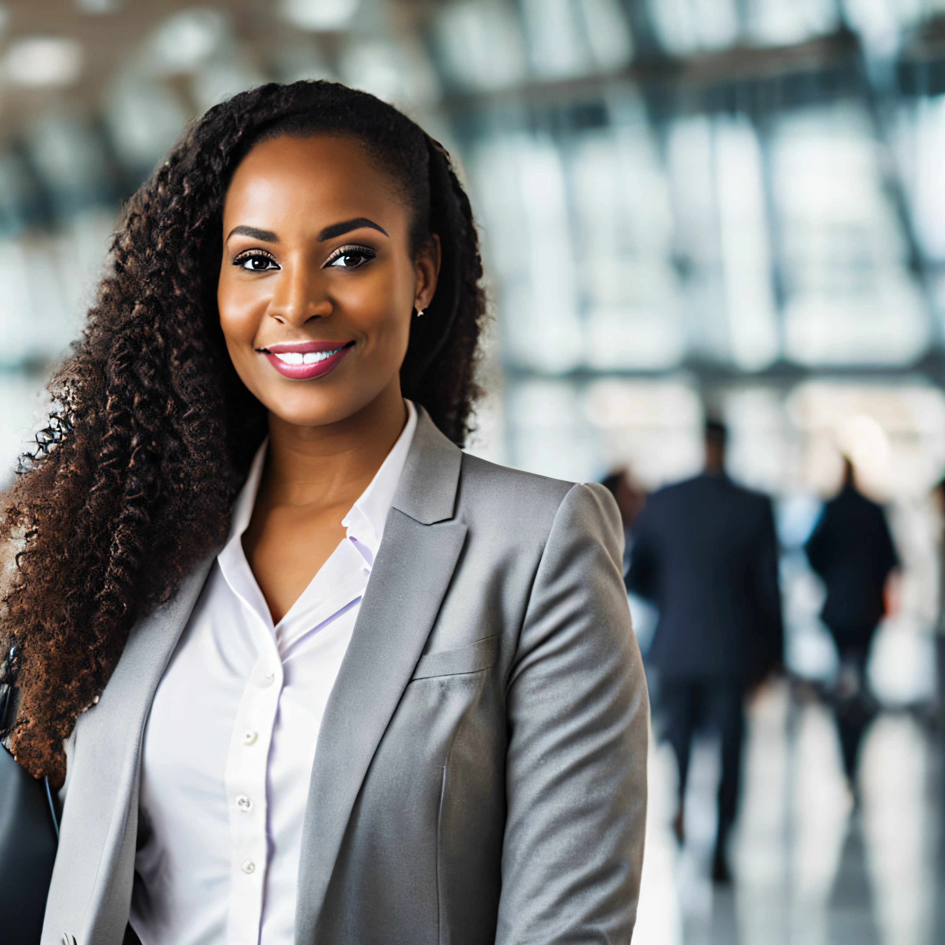 a young beautiful light skinned african businesswoman, walking in an airport, facing the camera