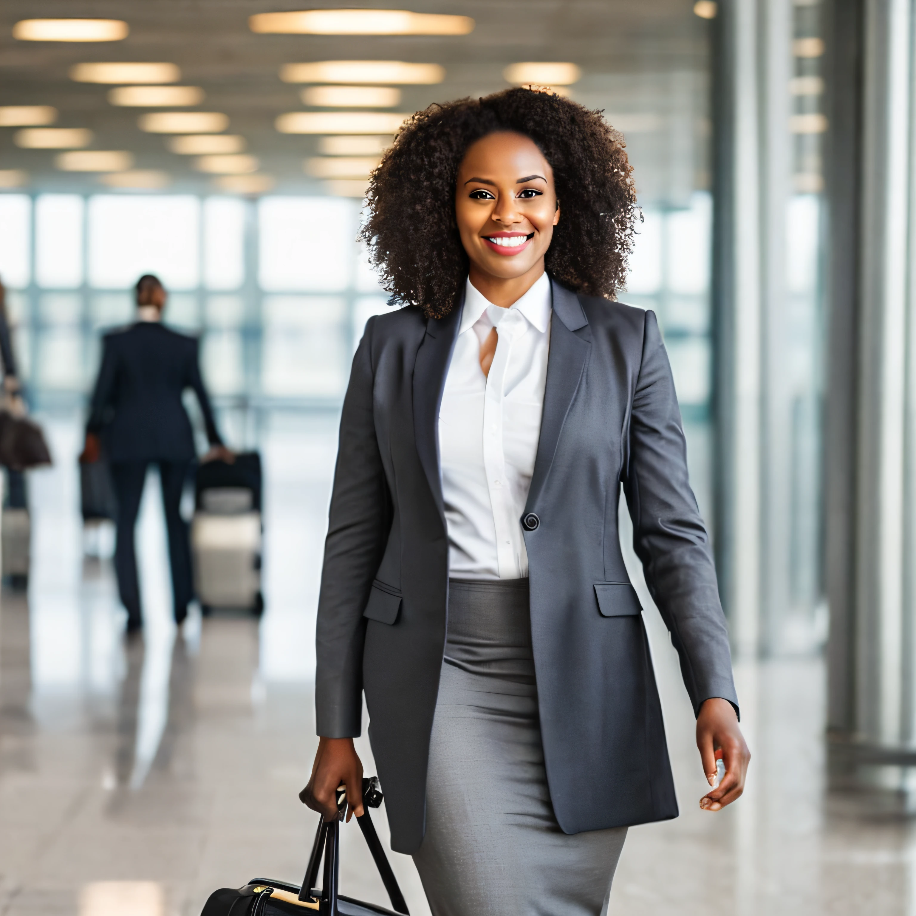 a young beautiful light skinned african businesswoman, walking in an airport, facing the camera