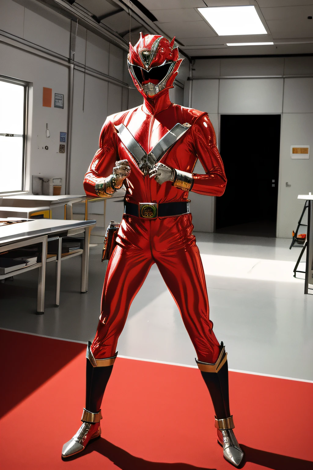 masutepiece, Super Detail, Best Quality, hight resolution, ((Anatomically correct)), power ranger, One guy, (Very shiny helmet and suit), fighting poses, ((Interior of fighter hangar in background))