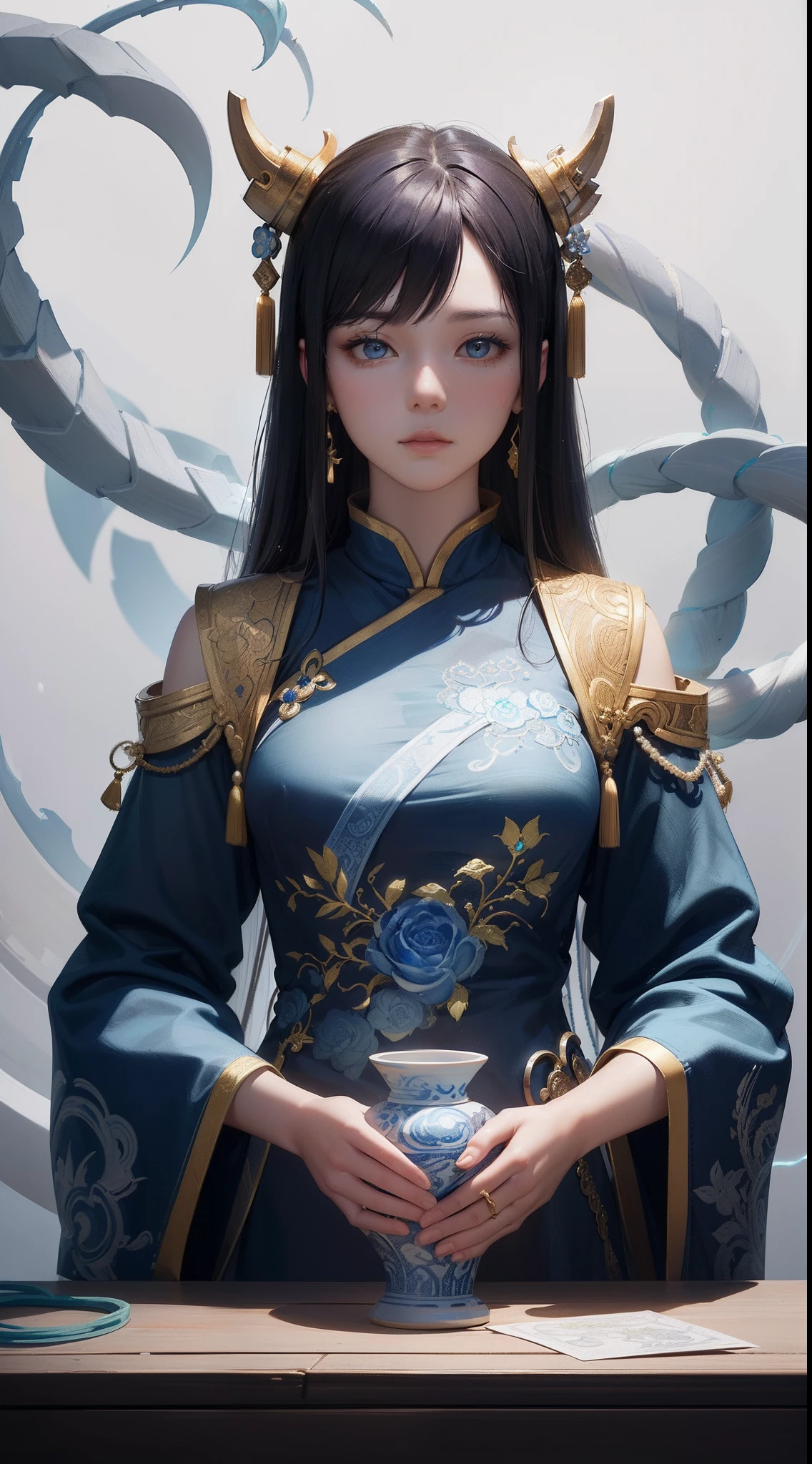 (Blue and white porcelain jade carving porcelain vase zoom layer on the top part,Porcelain Bottles Legend,Figure,icon,white background:1.4),(a girl,solo,Blue and white porcelain fragment embroidery,wearing clothes made of jade carvings,Wooden carving base,Gold wire and silver thread,long cloud sleeve:1.45),a detailed drawing, by Todd Lockwood, synthetic maw, david kassan, intricate oil details, visible head, pastel, 4k. detailed drawing, bo xun ling, intricate wiring, azathoth, yanjun chengt, ellen jewett