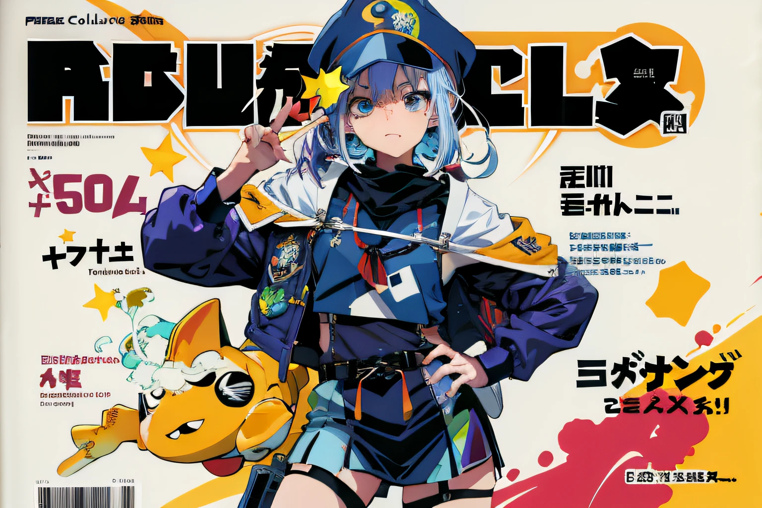 Arafeld magazine cover with a woman dressed in blue, Comic cover style, Official artwork, offcial art, full color manga visual style, 2 d anime style, Colorful! Character design, An anime cover, 2 0 2 2 anime style, 2022 anime style, comic cover, Kantai collection style, 8 0 s anime style