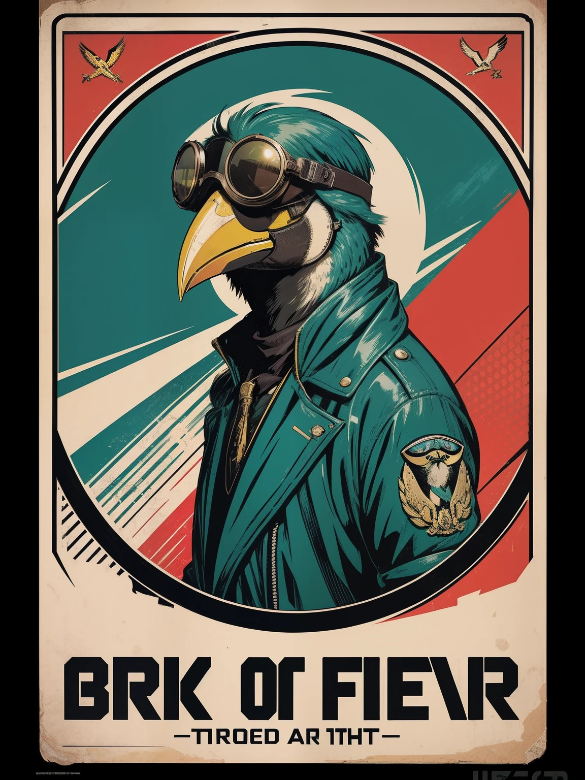 Bird-headed male pilot，Bird-headed beak, wearing round-framed goggles, croaks highly detailed propaganda posters，Watch anime，pop-art，typographic，Vintage paper，trichotomy，trends in art station，hyper HD（neonlight）