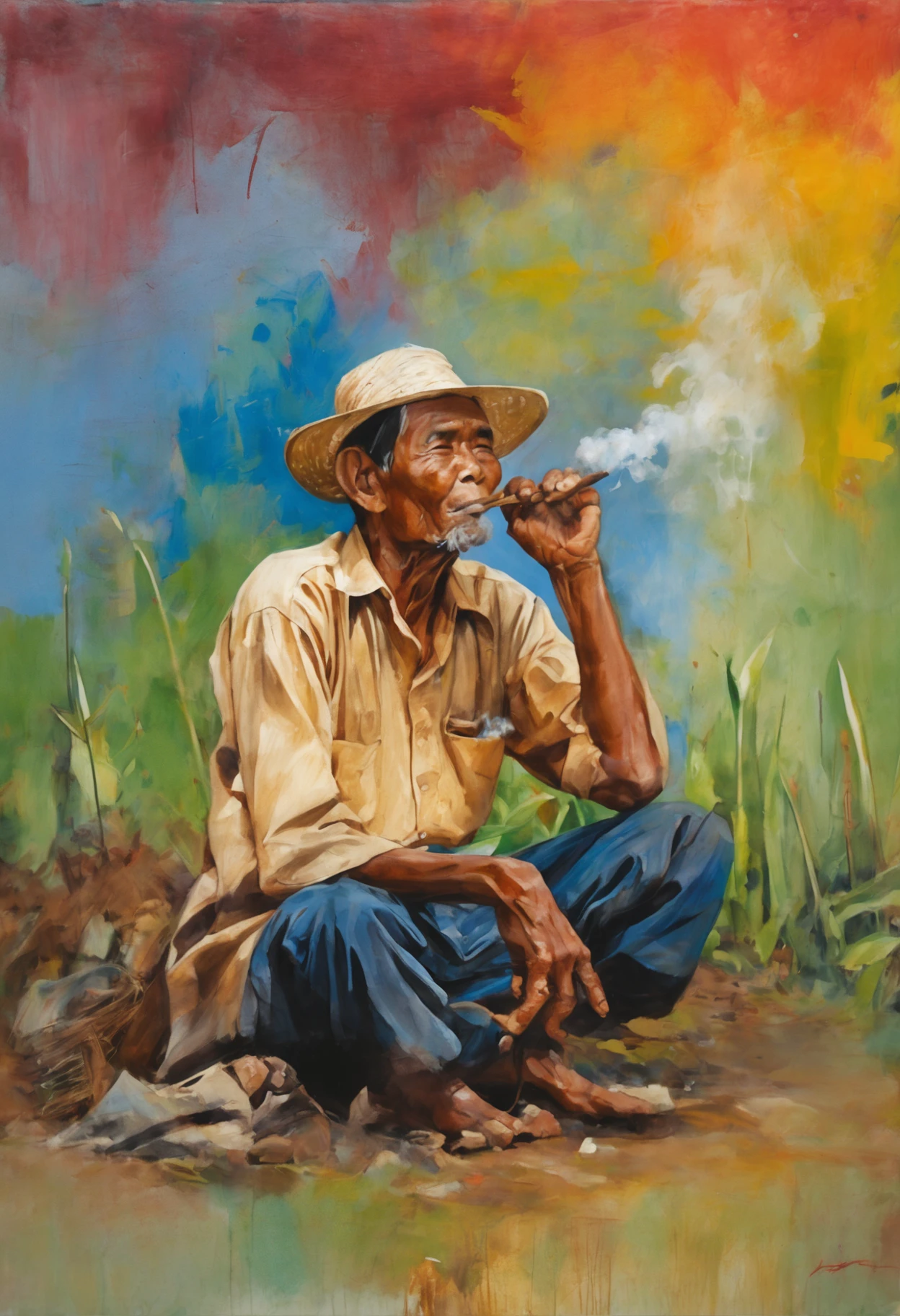 arafed man sitting in a field smoking a cigarette, smoking a cigarette in the field, Indonesian island of Java farmer, taking a smoke break, farmer, praying with tobacco, traditional art, traditional photography, rural Indonesian island of Java farmer