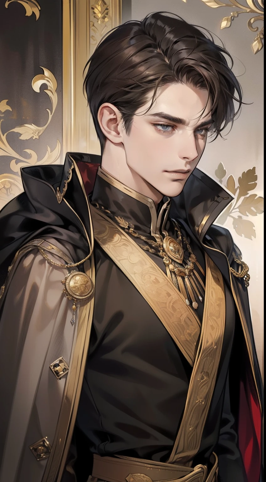 masterpiece, best quality, realistic, 1man, mature male, quiet and charming young man, 25years old, a smirk, closed mouth, portrait, extremely detailed face, cold and smirk, ((dark grey eyes)), ((short-right-swept dark brown hair)), [thick eyebrows], dark palace, ((long black and gold ream cape)), (evil king), ((all black))