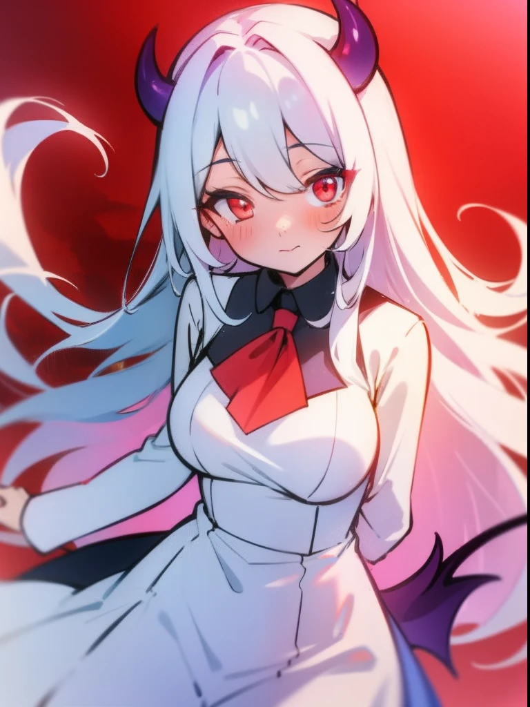 tmasterpiece，highest  quality，1girll，red color eyes，Long hair in white color，Magic Corner，Succubus Tail