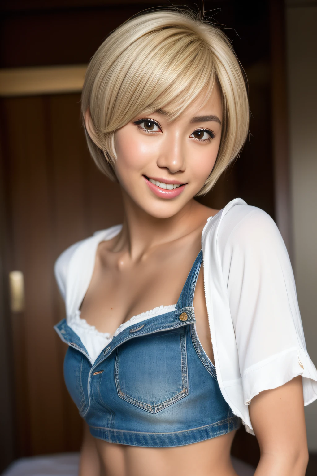 (Masterpiece, BestQuality:1.3), (ultra detailed 8k cg:1.2), (hyperrealistic:1.35), (Photorealistic:1.45), (realistic:1.4), COWBOY SHOT, 1 beautiful Japanese girl, 22 years old, (blond hair:1.2), (very short hair:1.2), (tanned skin:1.5), black gal, flat chest, (gyaru makeup:1.3), (looking at viewer), dynamic lighting, (laugh:1.2), cinematic angle, looking back, denim shorts, white gyaru jacket, downtown,