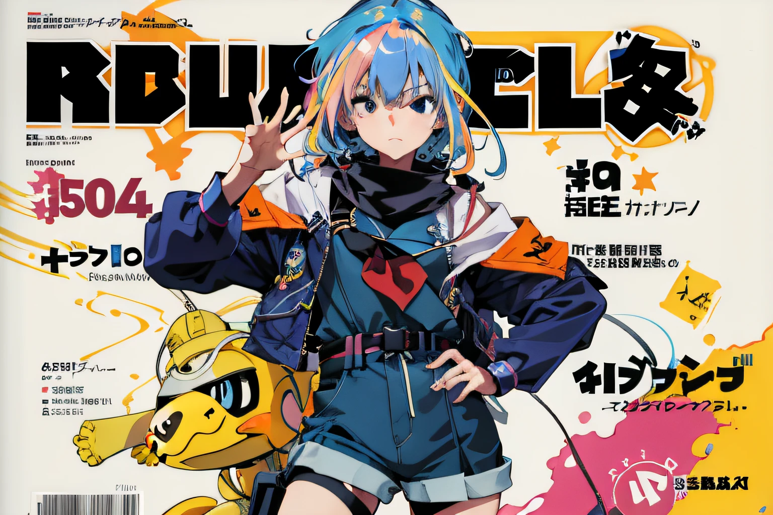 Arafeld magazine cover with a woman dressed in blue, Comic cover style, Official artwork, offcial art, full color manga visual style, 2 d anime style, Colorful! Character design, An anime cover, 2 0 2 2 anime style, 2022 anime style, comic cover, Kantai collection style, 8 0 s anime style