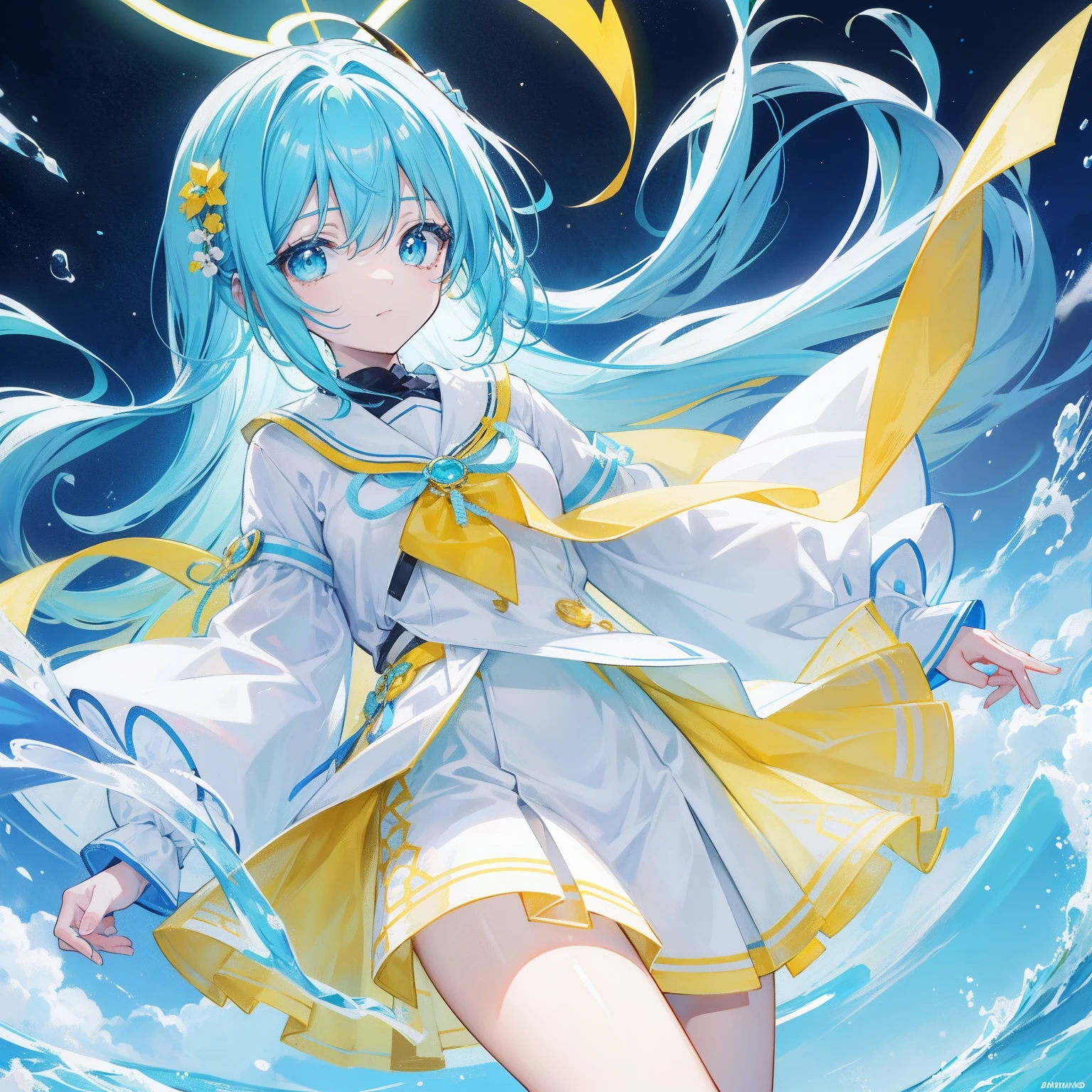 Glowing light cyan yellow with hair and pupils,Clothes in blue, yellow and white,Sweet loli girl,The whole is shining