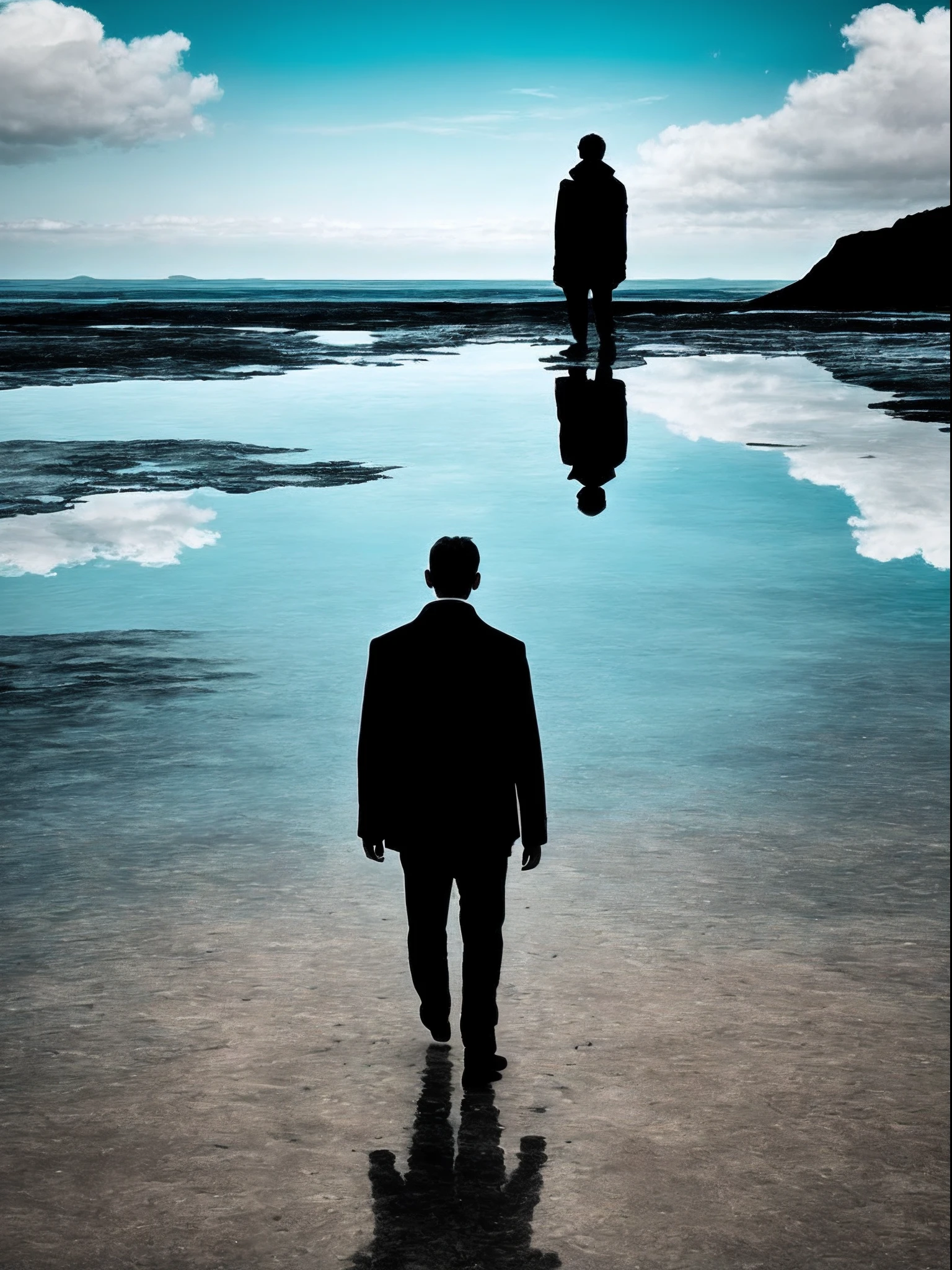 Sky above,Ocean below,The man dressed in black turned his back to him,Walk alone to the junction of sea and sky,The figure of the monster is reflected on the bottom of the sea,