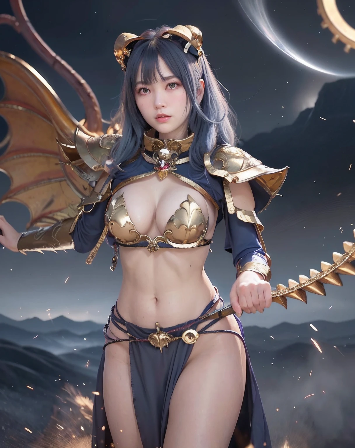 Professional , masterpiece、top-quality、photos realistic , depth of fields 、(Gemstone Blue Metal Body:1.2),(Matte Blue Black、(Standing in the church)、gold patterns、Wind-effect、Light Effects、Wind-effect、magic circles、(cleavage of the breast)、Dragon Gold Weapon(Dragon Metal Body:1.4),Gorgeous gold weapons ,(Particles of light)、(Strange expressions)、Mystical expression、16-year-old beautiful girl、(( Dragon's dense and gorgeous sword)) , Ultimate Beauty 、((Blue hair))、(Castle background)、The dragon、((Gangle's forest background))、Beautiful Caucasian beauty、(1a person)、dynamic ungle,(((Details of the two demon horns on the head)))、Smaller head、A smile、Castle background、Thin and beautiful female hands、cleavage of the breast、Soldier in iron armor on background、Mystical expression、Light Effects、Wind-effect、magic circles、With the legendary magic wand、(demonic wings)、(Blue hair)、(1 persons)、Battle Look、Anatomically correct body、Toostock、Toostock、
