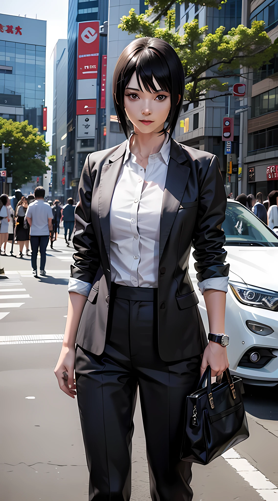 Shizune from the anime Naruto, short hair, black hair, beautiful, beautiful woman, perfect body, perfect breasts, wearing a white formal shirt, black blazer, black trousers, carrying a bag, wearing a watch, wearing earrings, in a public place, being in tokyo city, being on the side of the road, looking at the audience slightly smiling, realism, masterpiece, textured skin, super detailed, high detail, high quality, best quality, 1080p, 16k