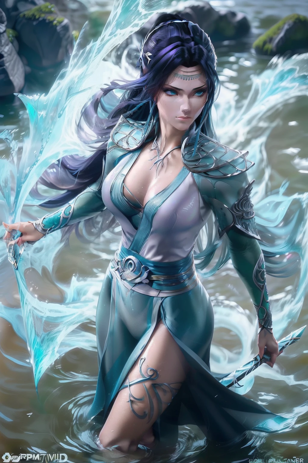 ( Qualidade 8k ), ( Melhor qualidade ), ( Ultra HD ), ( Anatomia do personagem perfeita ), ( perfect lighting ), ( Foto corpo inteiro 8k ), ( Detalhamentos perfeitos ), ( Detalhes do personagem perfeitos ), ( Details of the perfect setting ), ( Obra Prima ), ( Simetria do rosto do personagem perfeito ), ( Body building of the perfect female character ), Uma linda mulher em um vestido azul, is standing in the water, cor do cabelo vermelho, uma mulher ninja, With Kunai in his hands, estilo artgerm, water element, Woman with aura of water around her, trending artgerm, Anime girl walking on water