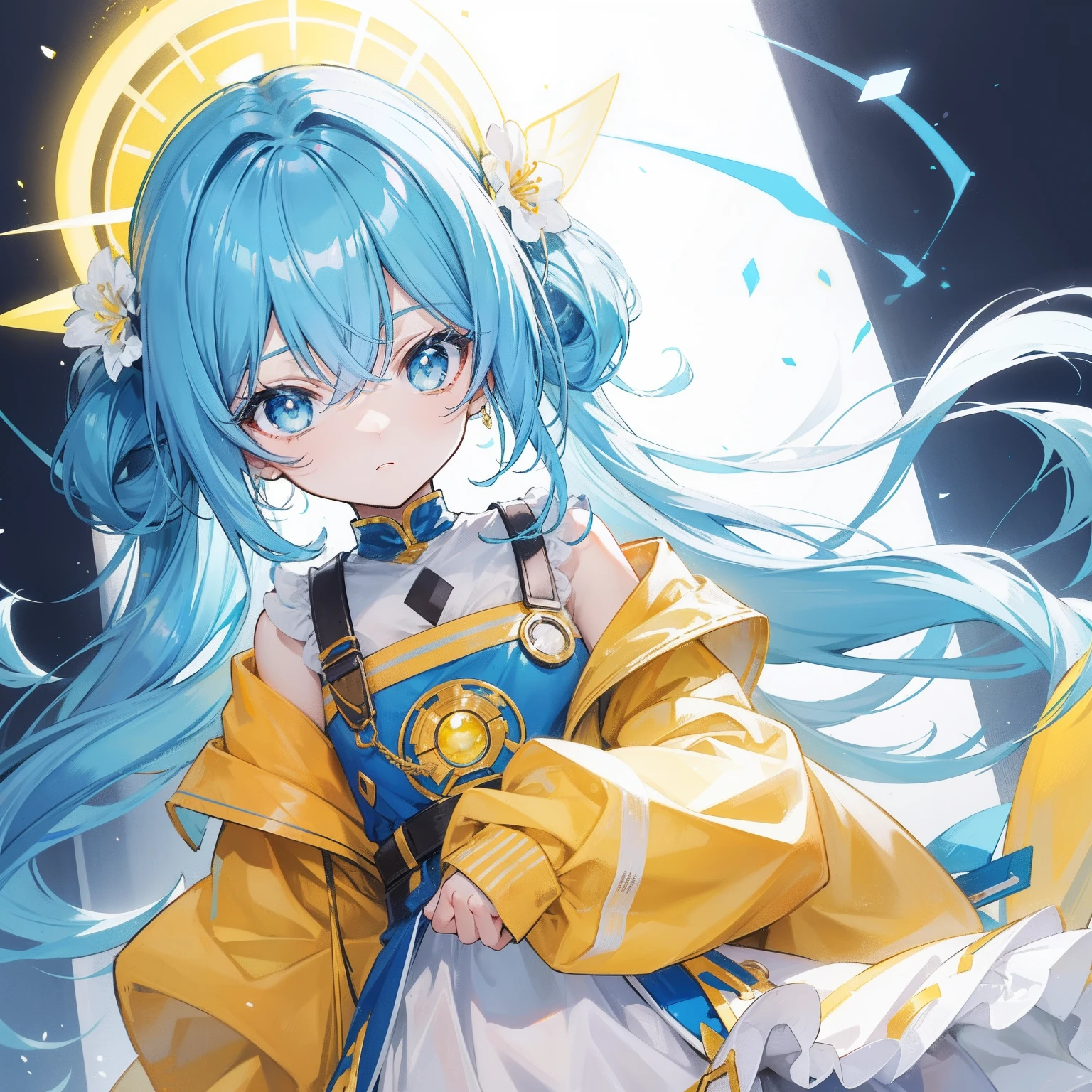 Glowing light bluish yellow,There is hair and pupils,blue clothes, yellow and white,Sweet loli girl,Overall shine