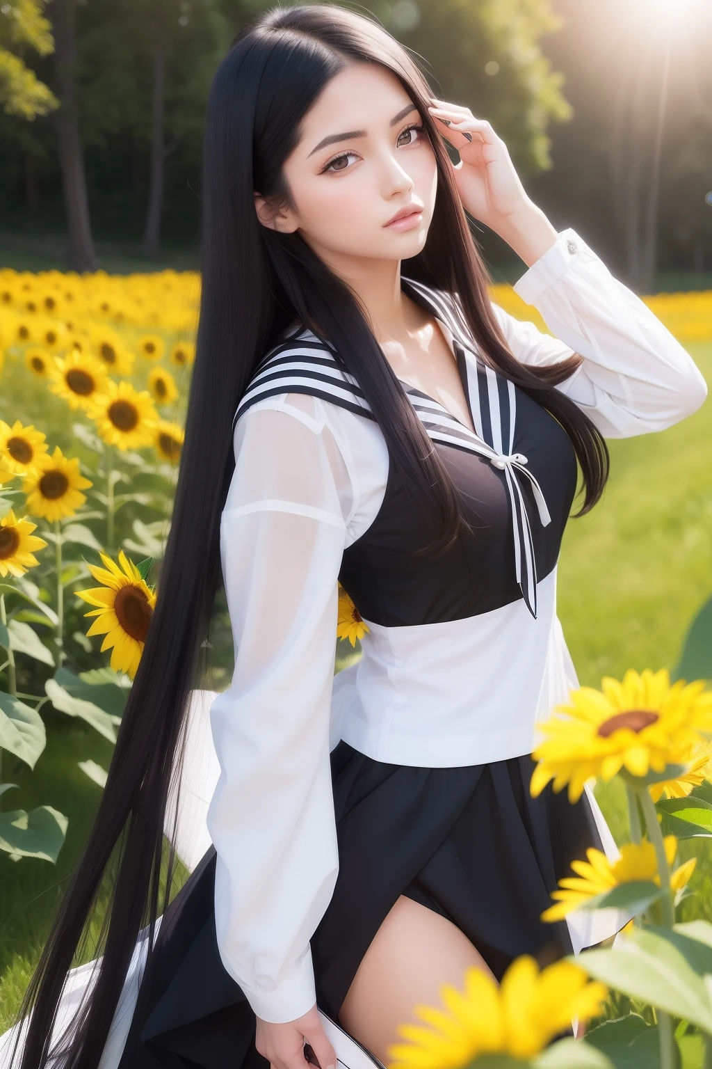 Long Black Hair a sailor suit Sun flower Yellow eyes Beautuful Women countryside